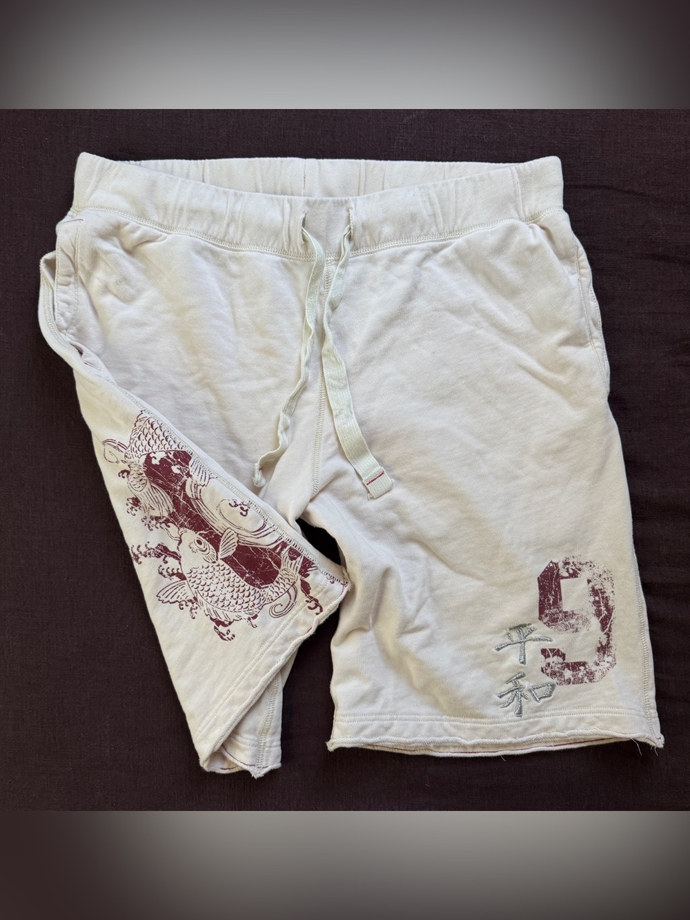 Y2K Mossimo Supply Co Koi Graphic Sweat Shorts M Unisex Distressed Cream Red